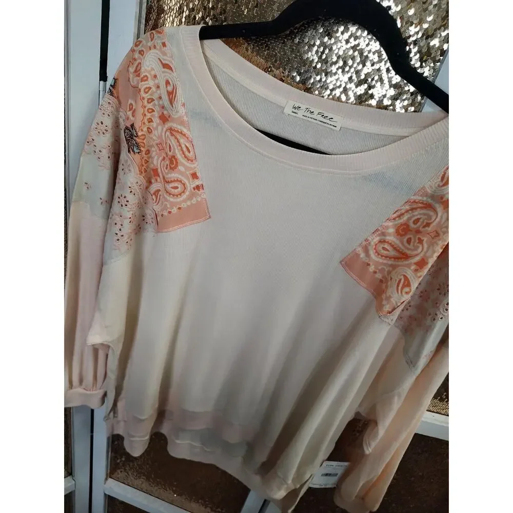 We the Free Feelin It Tee in Peach Floral Embroidered Size Small Oversized